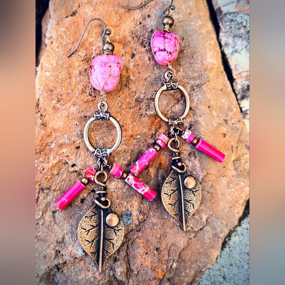 Boho's Wild Rose Hot Pink Turquoise & Imperial Jasper In Long Artisan Earrings